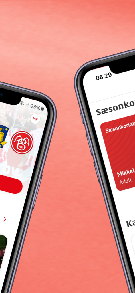 Two smartphones displaying the AaB official football app interface and a digital season ticket