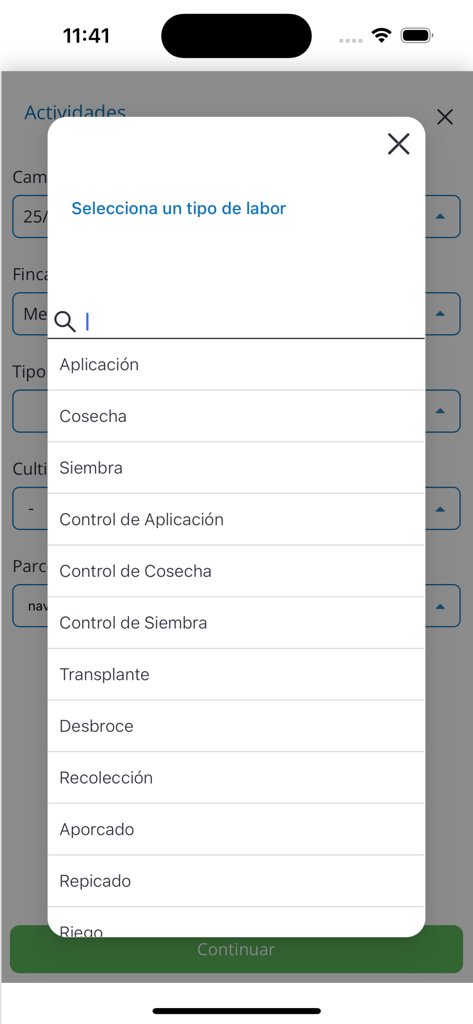 Auravant Fields - Selection menu for agricultural tasks like harvest and sowing in the Auravant Fields app