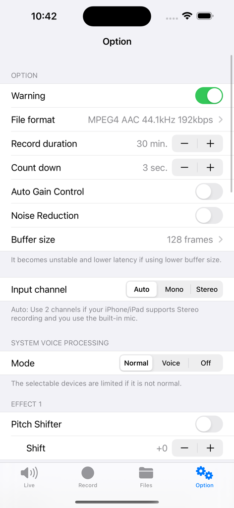 Stereo Microphone - O menu de configurações do aplicativo Microfone Estéreo mostrando opções de gravação e efeitos de áudio.