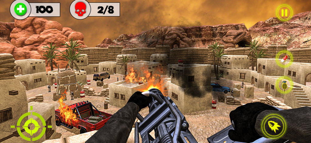 First person view of a machine gun in a desert village battlefield with a burning truck
