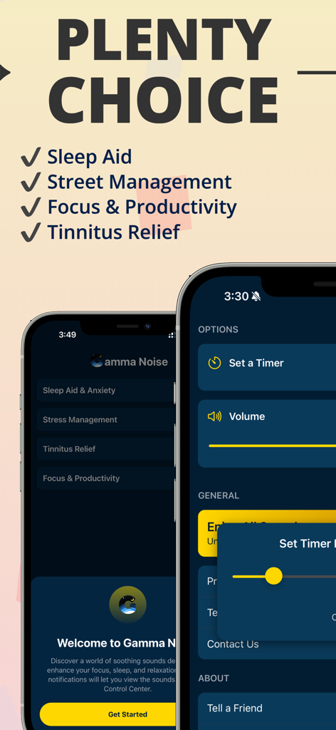 Brown Noise for Sleep: Gamma - Gamma Noise app interface showing settings for sleep aid focus and tinnitus relief