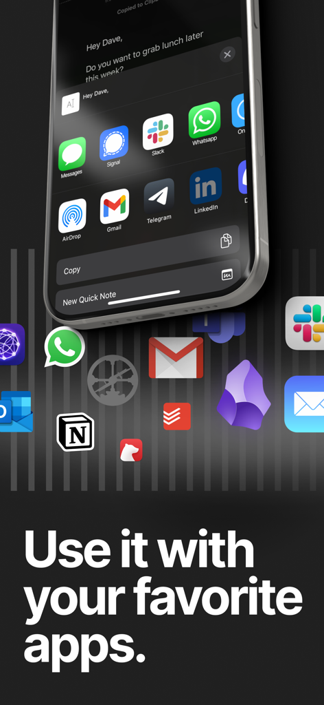 superwhisper - iPhone-Bildschirm, der die superwhisper-App integriert mit Slack, Gmail und WhatsApp für den einfachen Austausch von Sprachnotizen zeigt