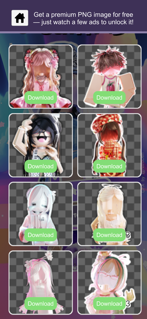 Catalog of aesthetic Roblox avatar characters with download buttons