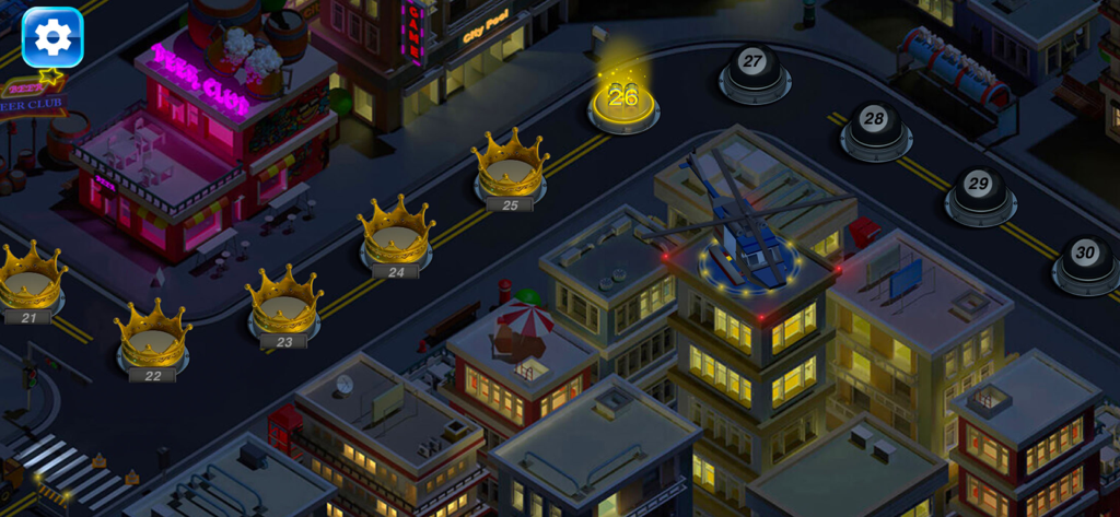Level selection map showing city buildings at night with numbered pool ball markers and golden crowns