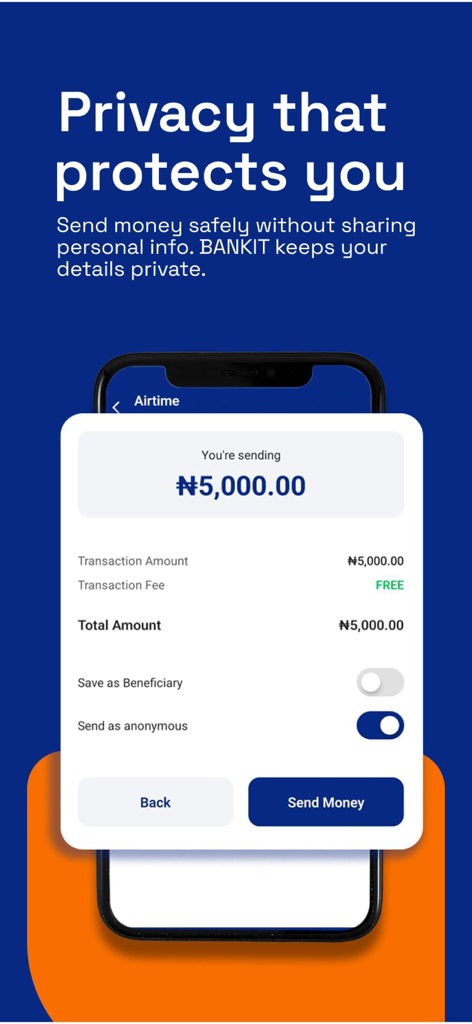 Bankit - Send Money Fast - Bankit app interface showing a secure money transfer with anonymous sending enabled