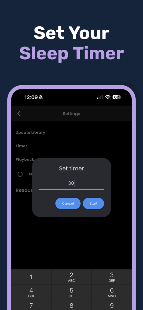 432 Player Plus - Interfaccia per impostare un timer per il sonno nell'app 432 Player Plus