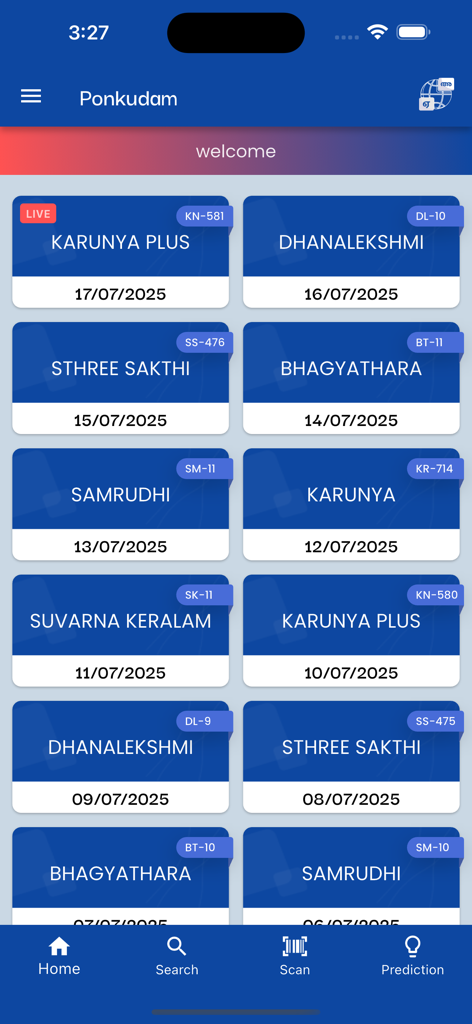 Ponkudam : live lottery result - Mobile app screen showing a list of recent Kerala lottery results like Karunya Plus and Sthree Sakthi