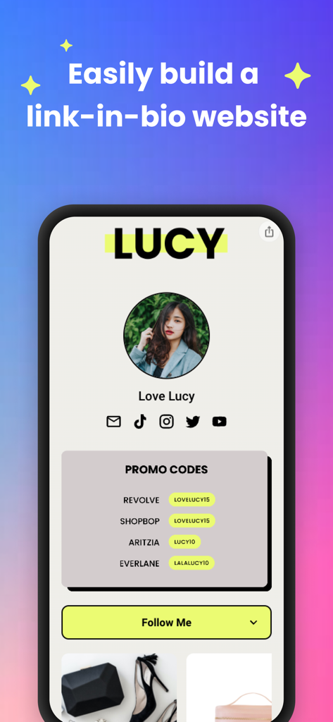 Smartphone mit einem anpassbaren Beacons Link-in-Bio-Profil mit Social-Media-Links und Aktionscodes.