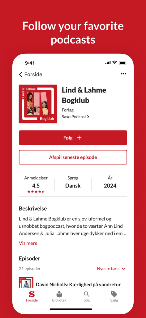 Saxo: Audiobooks & E-books - Schermata dell'app Saxo che mostra il profilo di un podcast con pulsanti per seguire e riprodurre