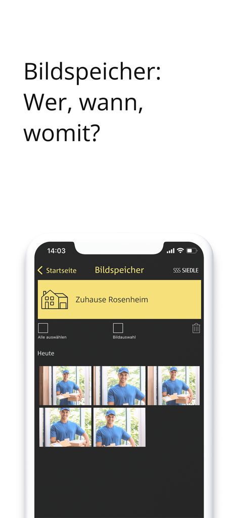 Siedle App - Pantalla de historial de visitantes y almacenamiento de imágenes de la Siedle App en un iPhone, mostrando a un repartidor en la puerta