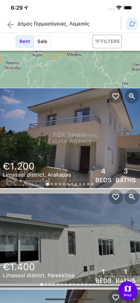 Homy - Resultados de búsqueda de la aplicación móvil Homy para propiedades de alquiler en Limassol, Chipre, con un mapa y listados de casas