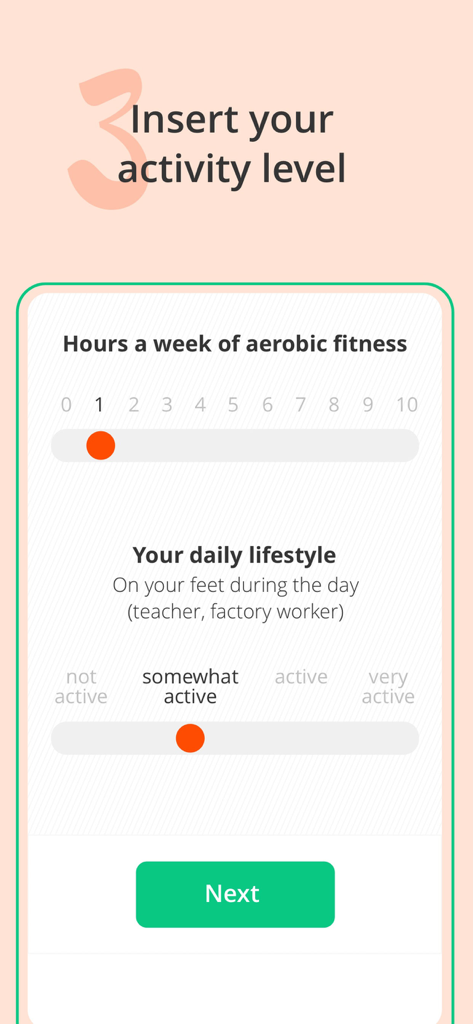 Keto Recipes & Meal Plans - Pantalla de configuración del nivel de actividad en la aplicación Keto Recipes con controles deslizantes para horas de fitness aeróbico y estilo de vida diario