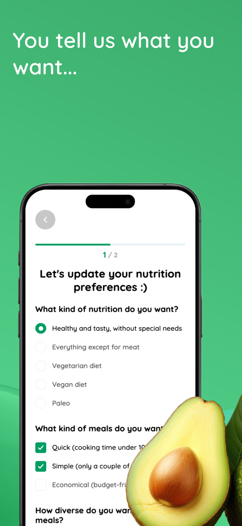 Best.Me app interface for selecting personalized nutrition plans and meal types