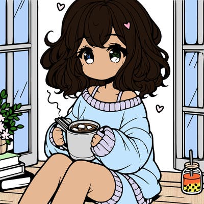 cute anime girl reading book and drinking hot chocolate from mug with loose wavy hair wearing a baggy sweatshirt and shorts sitting by windowsill looking out