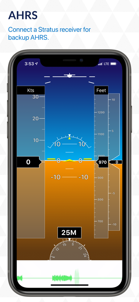 Stratus Horizon Pro backup glass cockpit interface showing a digital artificial horizon and flight instruments on a smartphone