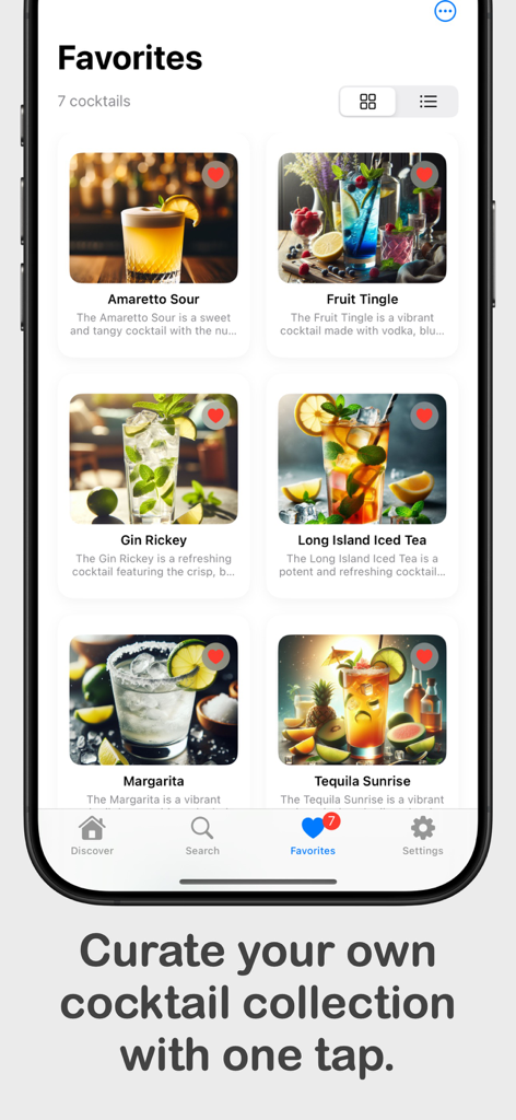 Cocktail Codex - Una interfaz móvil mostrando la pantalla de Favoritos de la aplicación Cocktail Codex con una cuadrícula de recetas de bebidas guardadas como Margarita y Gin Rickey.