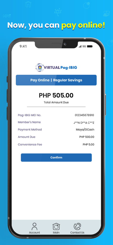 Virtual Pag-IBIG - バーチャルPag-IBIGアプリの、普通貯蓄のオンライン支払い確認画面を表示するインターフェース。