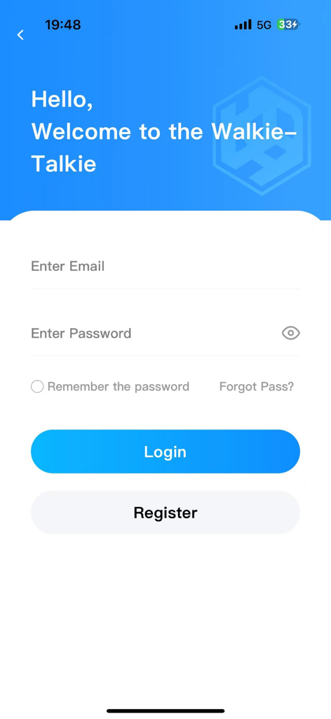 Login screen for the walkie talkie tool mobile application