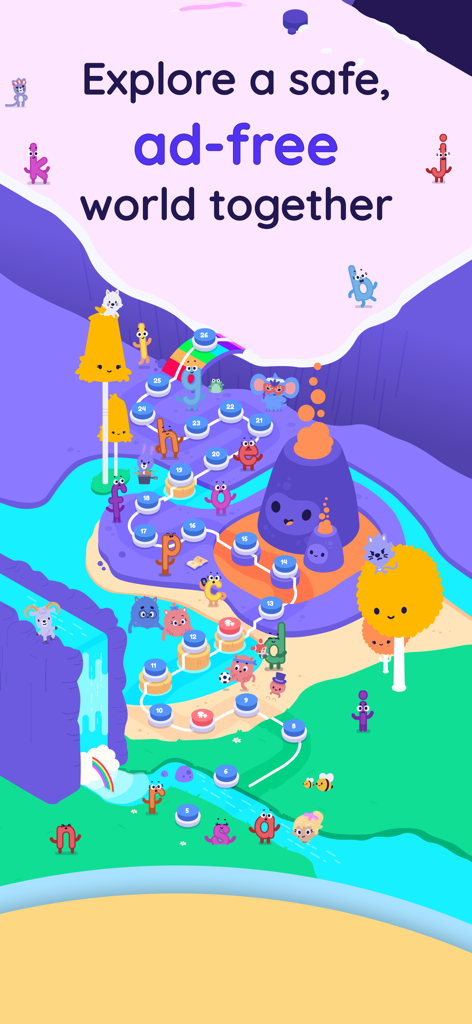 A colorful game-style map showing a learning path with numbered levels and cute characters in the Reading.com app.