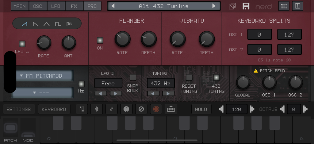 Interface of the NERD Synth A2x music app showing sound modulation knobs and a piano keyboard