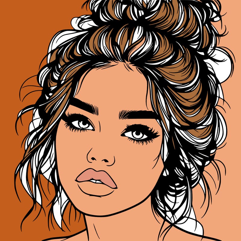 realistic girl with lips and hair in a messy bun