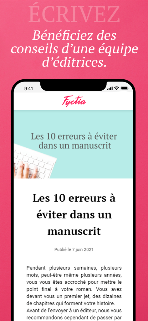 Fyctia - Fyctia app screen displaying a writing guide titled 10 errors to avoid in a manuscript