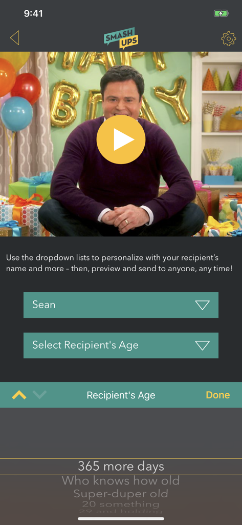 Personalizando un video de saludo de cumpleaños de SmashUps con un invitado famoso y detalles personalizados.