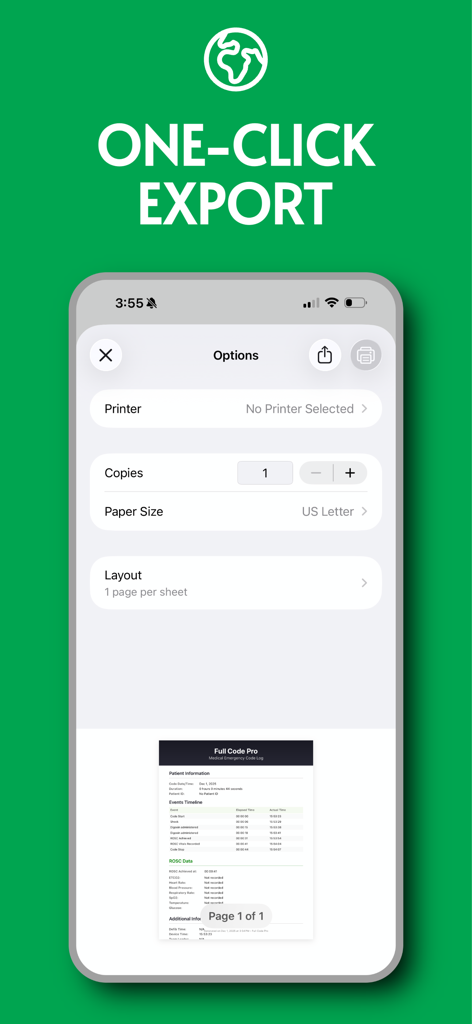 Code Runner Pro export screen showing options to generate a PDF of a medical emergency code log