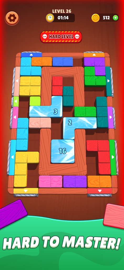 Screw Block Escape - A screenshot of a hard level in Screw Block Escape showing colorful wooden blocks and frozen ice blocks in a sliding puzzle.