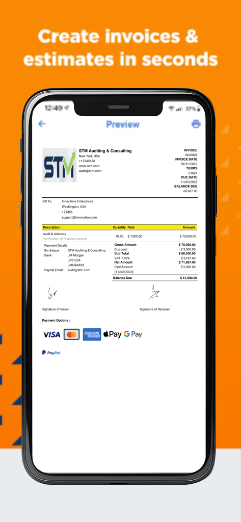 Simple Invoice Maker & Receipt - Vista previa de una factura profesional en un dispositivo móvil que muestra detalles de facturación y opciones de pago digital como Apple Pay y PayPal