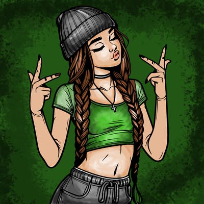 realistic teenage girl with braids and a beanie and crop top doing 🫶🏼