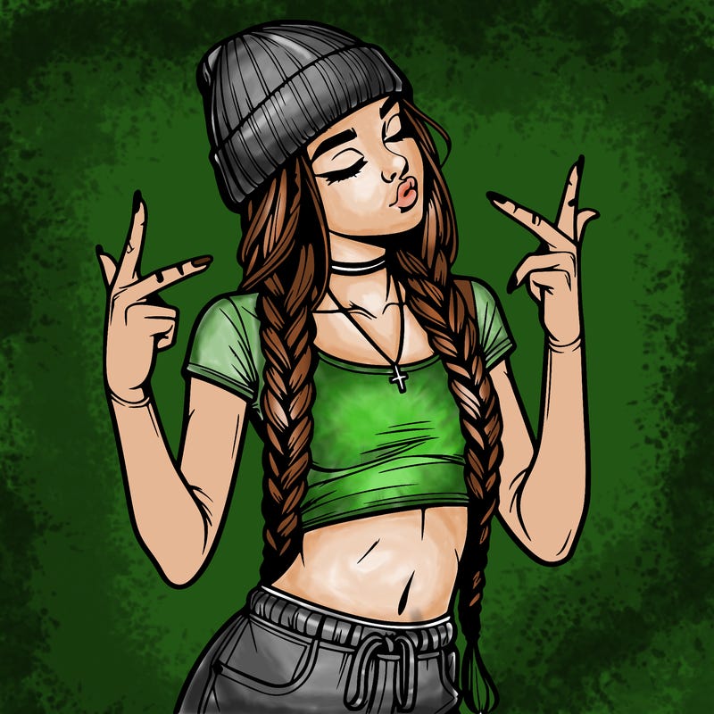 realistic teenage girl with braids and a beanie and crop top doing 🫶🏼