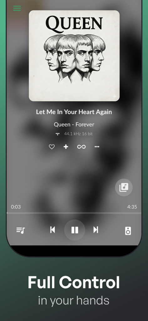 Volumio - Pantalla de la aplicación Volumio 'Ahora Suena' que muestra una pista de Queen con detalles de calidad de audio y controles de reproducción.