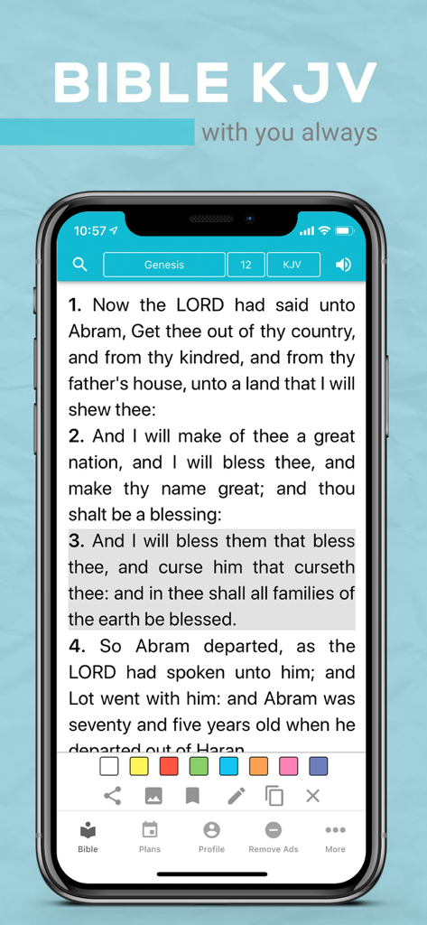 Bible KJV - Bible KJV mobile app interface showing Genesis chapter 12 text with study tools like highlighting and bookmarks.