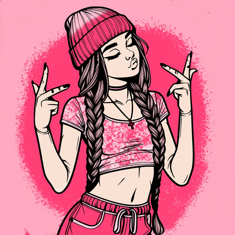 realistic teenage girl with braids and a beanie and crop top doing 🫶🏼