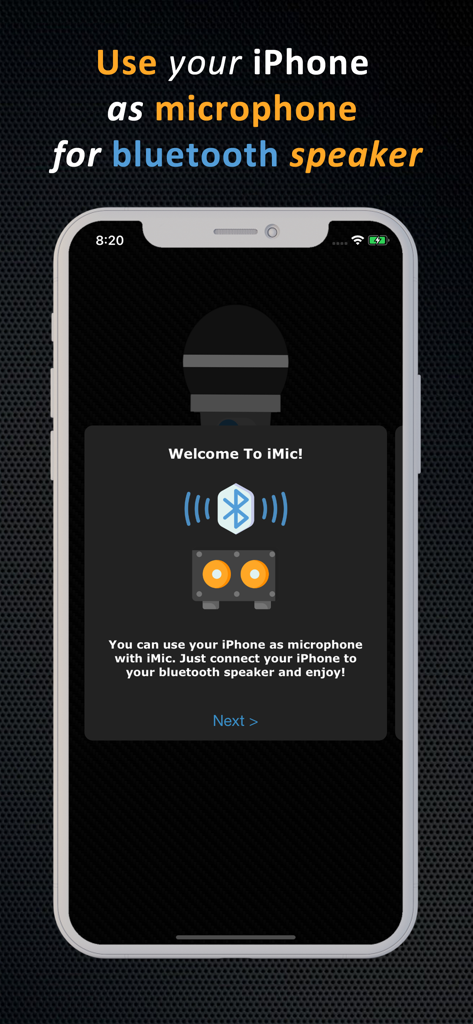 iMic app welcome screen explaining how to use an iPhone as a microphone for a Bluetooth speaker