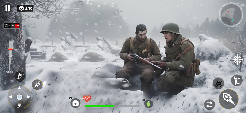 Soldados de la Segunda Guerra Mundial en un campo de batalla nevado con controles de interfaz del juego.