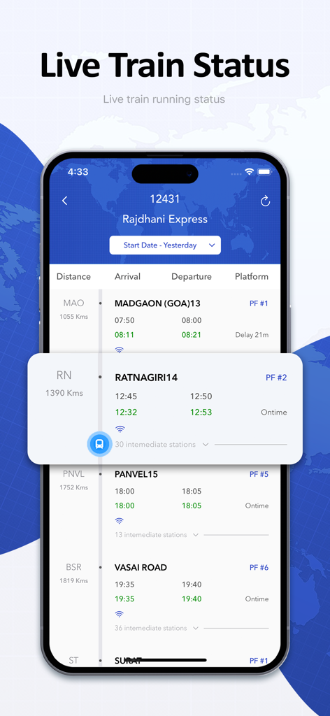 Where is My Train: Live Status - Interface de l'application mobile montrant le statut du train en direct, les heures d'arrivée et les numéros de quai pour le Rajdhani Express.