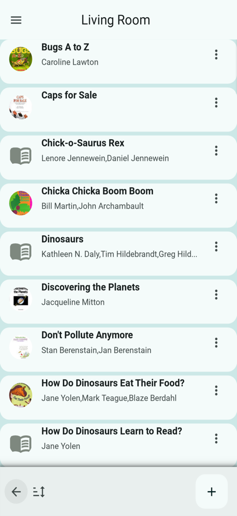 A digital list of books organized in the Living Room shelf of the Home Library Catalog app.
