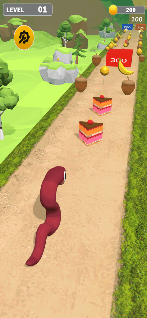 Animal Run Race Running Games - A red snake character collecting cakes and fruits on a jungle path in the Animal Run Race mobile game