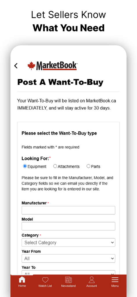 MarketBook - Interfaz de la aplicación MarketBook que muestra un formulario para publicar una solicitud de compra de equipos pesados