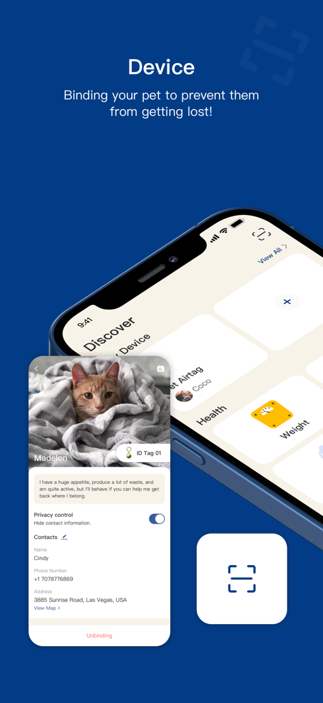 PawView app screen showing pet profile and smart tag binding for safety
