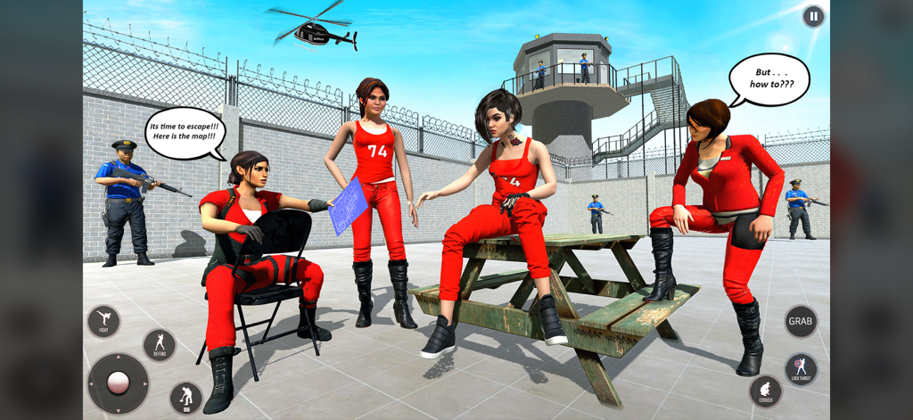 Prisioneiras em uniformes vermelhos planejando uma fuga com um mapa em planta baixa em um pátio de prisão 3D