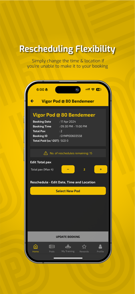 Interface of the Gym Pod app showing options to reschedule date time and location for a private gym session
