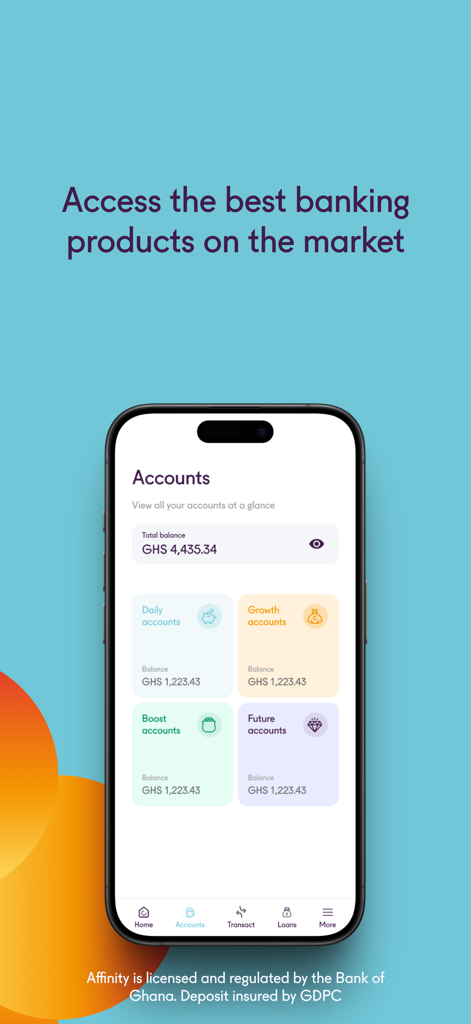 Affinity digital banking app showing account types and total balance on an iPhone