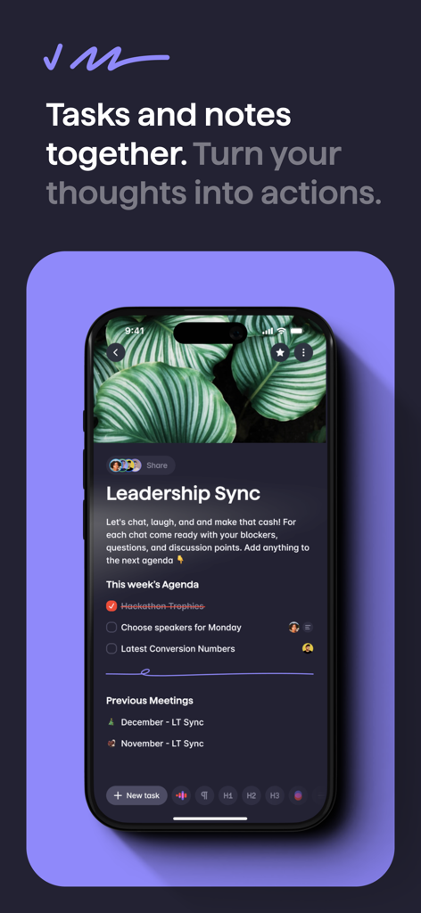 Superlist: To-Do List & Tasks - Superlist app showing integrated tasks and notes for a leadership sync