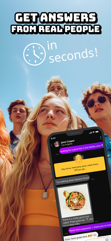 Mobile phone screen showcasing a live chat on Superfy with the text get answers from real people.