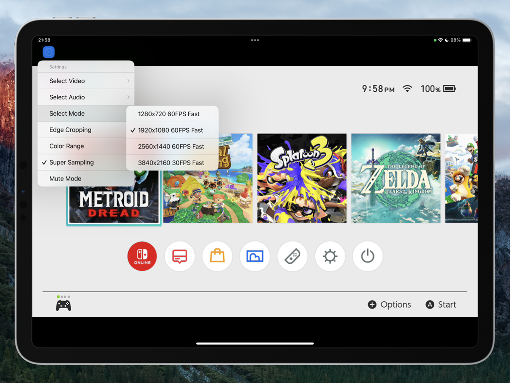 Console Link - Nintendo Switchインターフェース上に、ビデオ解像度とフレームレート設定を備えたConsole Linkアプリメニューを表示するiPad画面