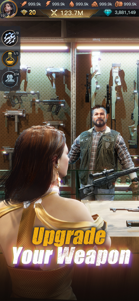 Plague of Z - Um personagem visita um arsenal em Plague of Z com uma grande sobreposição de texto dizendo Atualize Sua Arma.