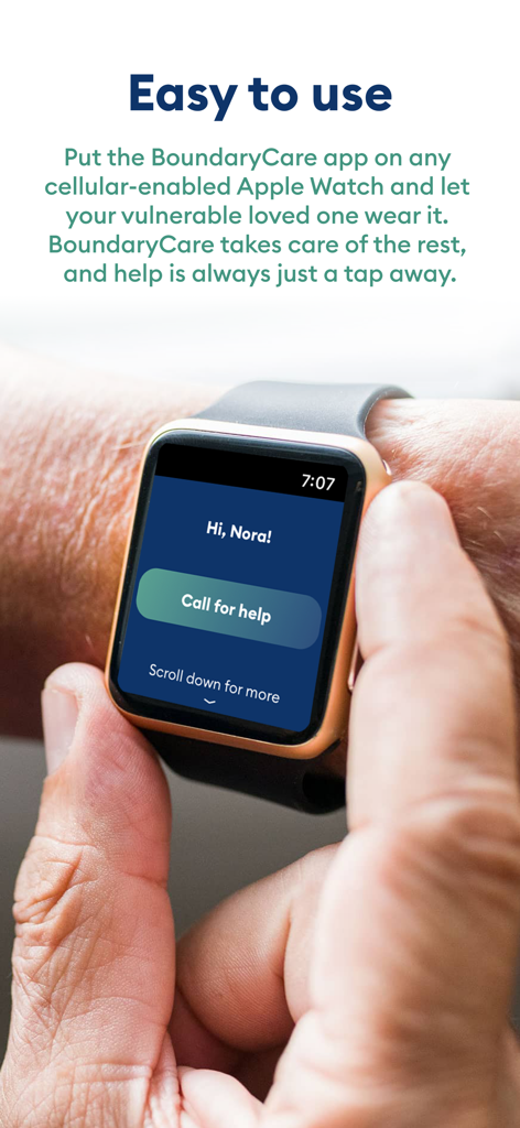 BoundaryCare Watch-Based GPS - An Apple Watch on a wrist showing the BoundaryCare app interface with a large call for help button